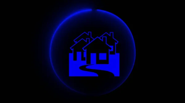 A neon sign of home glowing with blue circle light on black background.