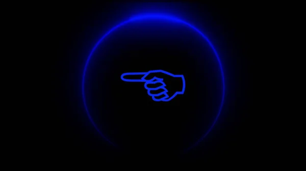 A neon sign Symbol hand point left glowing with blue and pink light and black background.