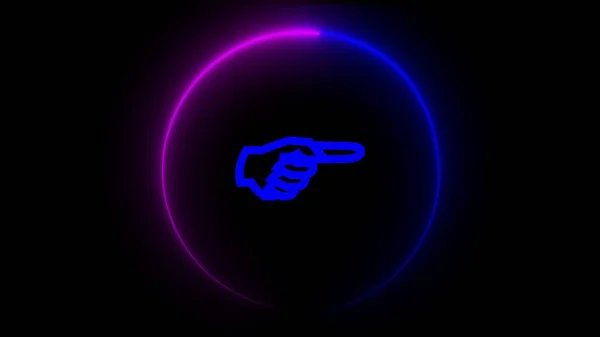 A neon sign Symbol hand point right glowing with blue and pink light and black background.