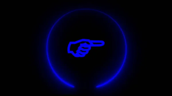 A neon sign Symbol hand point right glowing with blue light and black background.