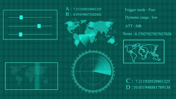 Digital technology world map, different information showing radar screen display illustration background.