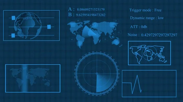Digital technology world map, different information showing radar screen display illustration background.
