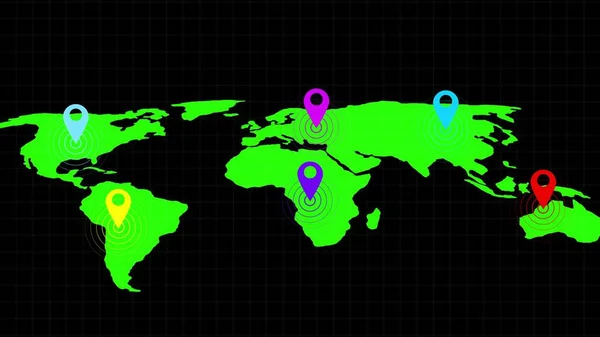 Colorful location icon on world map view different information black background.