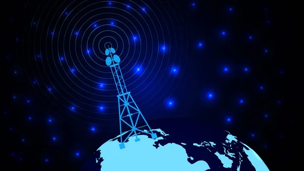Digital technology abstract connecting tower with antennas radio wave illustration background.