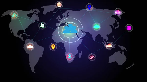 Digital technology world map with interface Concept of global business technology and color app icon.