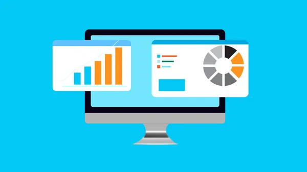 Digital computer monitor icon with business graph isolated on cyan color illustration background.