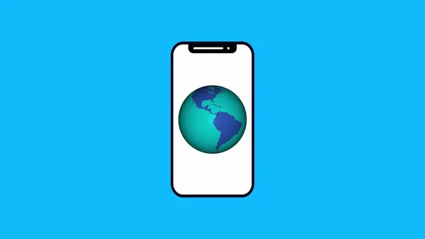 Black line smart phone with world globe icon Report text file on cyan background.