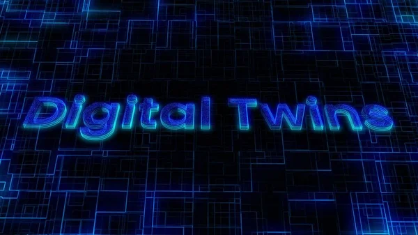 Digital Twins text concept on si-fi technology circuit line particles illustration background.