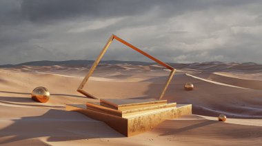 3d rendering of desert landscape with triangle podium with gold color and sunset light scene in modern minimal concept for product presentation