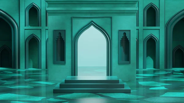 Produkt Podium Wyświetlacz Islamskim Ramadhan Tematu Kolorze Zielonym Renderowanie — Zdjęcie stockowe