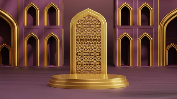 Islamski Wyświetlacz Podium Produktu Ramadhan Kolorze Złotym Fioletowym Renderowanie — Zdjęcie stockowe