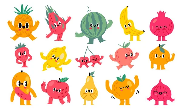 Doodle Frutas Bayas Caracteres Divertida Mascota Alimentos Comestibles Con Caras — Vector de stock
