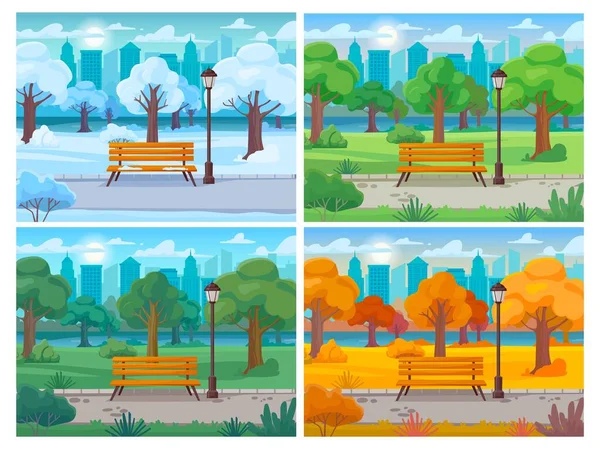 City park seasons. Summer, autumn, winter and spring time panoramic landscape of town garden. Urban outdoor background vector set. Different weather, sunny, snowy alley, seasonal nature