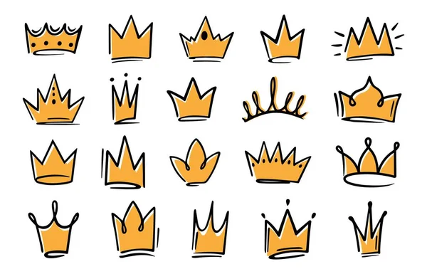手拉着金王冠涂鸦风格的王冠涂鸦 皇家皇冠和豪华日冕符号矢量图标设置 独立的皇家饰物 各种典雅的贵重物品 宏伟的物件 — 图库矢量图片