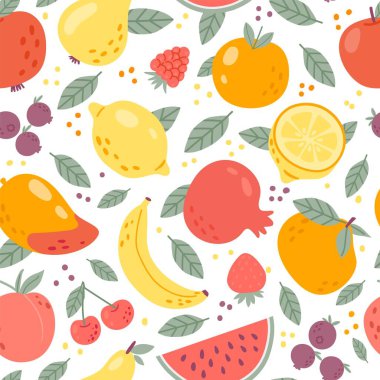 Meyvesiz, dikişsiz desen. Tekrarlanan yaz meyveleri ve böğürtlenler. Limonlu, elmalı, şeftalili, muzlu, karpuzlu, çilekli. Vektör dokusu. Vitaminli sağlıklı mevsimlik yiyecekler