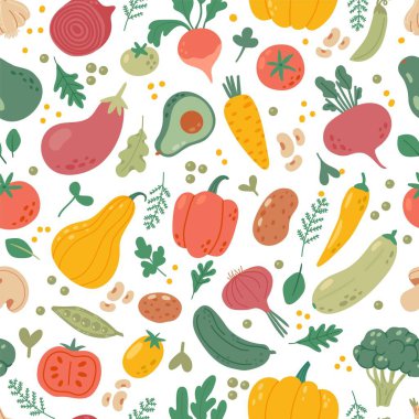 Doğal sebzeler pürüzsüz kalıplar. Organik sebze geçmişi. Vegan ve sağlıklı bahçe ürünleri, organik domates, taze brokoli, salata. Vektör dokusu. Biber ve bezelye gibi vejetaryen malzemeler.