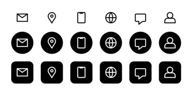 Basit mobil iletişim simgeleri. Simge telefonu, posta, konum, internet, konuşma balonu sohbeti. Beyaz arka planda siyah beyaz iletişim sembolleri. Vektör ayarlandı. Hizmet desteği için bilgi