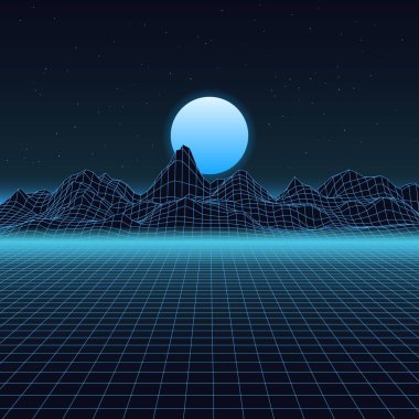Şebeke dağı. Wire Hills 80 'lerin bilgisayar oyunu tarzı, kablo çerçeveli fütüristik duvar kâğıdı. Güneş ağı yapısı olan vektör dağları. Mavi, neon harita, kare siber punk alanı