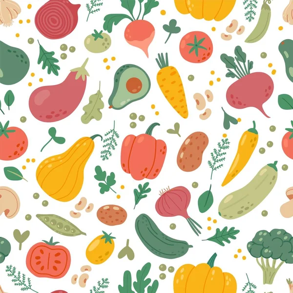 天然蔬菜无缝图案 有机蔬菜背景 园林产品 有机番茄 新鲜西兰花 矢量纹理 豌豆等素食配料 — 图库矢量图片