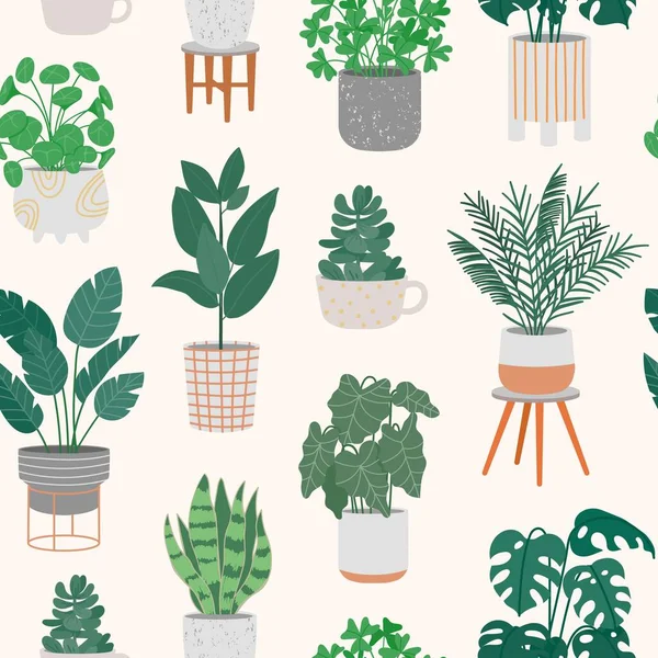 Dekorative Zimmerpflanzen Töpfen Mit Nahtlosem Muster Grün Eingetopfte Zimmerpflanze Und — Stockvektor