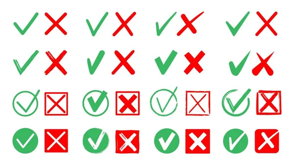 Groene Rode Vinkjes Kruis Vink Elementen Checklist Nee Controleren Indicatoren — Stockvector