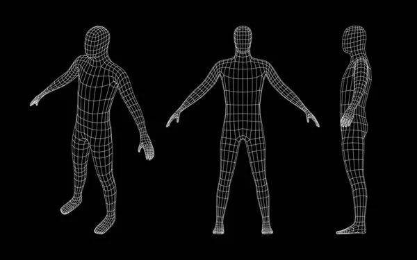 ボディーグリッドだ 人間のワイヤーフレーム3Dモデル 多角形のシンプルな男性メッシュ レトロな未来的な孤立した仮想キャラクター ベクトルセット 生成されたデジタル人のホログラム 近代的な技術の進歩 — ストックベクタ