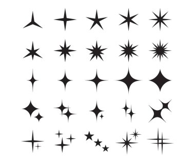 Yıldız simgeleri. Parlak şekil, parlak ışık sembolü. Parlak ışık elementi, yıldız patlaması sihirli işaretleri. Noel yıldızları havai fişek vektörü izole edildi. Parlayan ve parlayan uzay şekilleri koleksiyonu