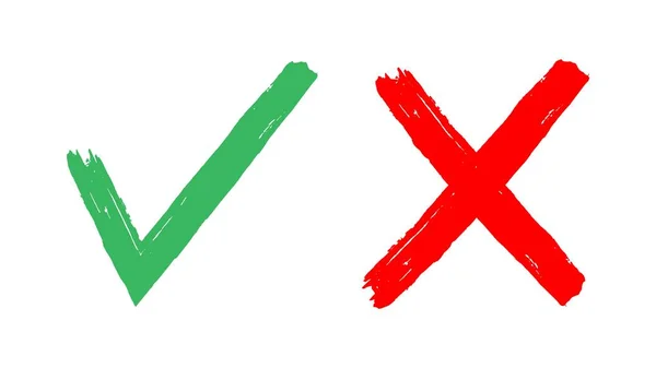 签绿色勾号和红色十字 检查笔迹符号 正面和负面选择图标 选择是或没有白色背景的符号 接受或拒绝选项 核对表 — 图库矢量图片
