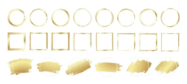 金色のブラシフレーム ゴールドグランジペイントストロークフレーム 手書きラベルサークル 正方形 金属ブラシストロークテクスチャ スプラッシュステッカー ベクトルセット パーティー 結婚招待状のための豪華な要素 — ストックベクタ