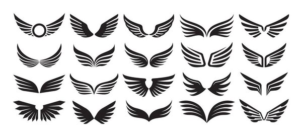 Wings emblem. Retro bird tattoo angel wing icon, military heraldic symbols. Flying eagle logo vector winged label isolated set. Freedom elements on white. Angelic silhouette collection