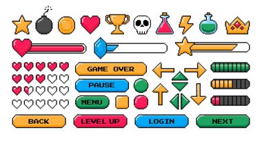 Piksel oyun simgesi. Retro video oyunları ögesi, atari UI düğmesi, dijital konsol 8-bit arayüzü, piksel kalp, bomba, yıldız, menü düğmeleri denetleyici ögesi. Oklu ve yaşam çubuklu vektör seti