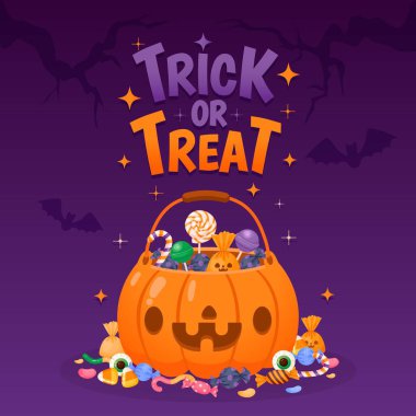 Cadılar Bayramı balkabağı kovası. Sonbahar şeker sepeti, poster çantası, şekerli pankart, şirin balkabağı suratlı parti davetiyesi ve yarasalar. Vektör çizimi. Çikolata ve lolipop.