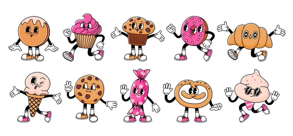 Retro Dessert Character Cute Cartoon Mascot Sweets Smile Walking Sweet — Stock Vector