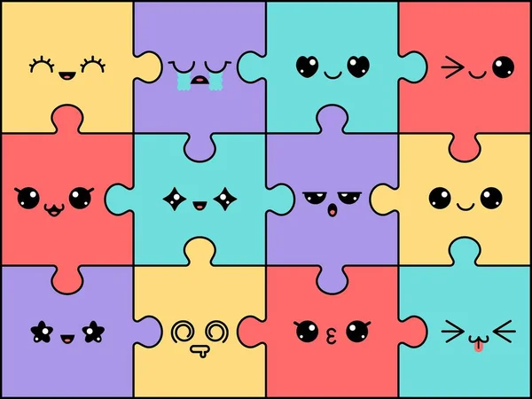 Rompecabezas Con Caras Personajes Kawaii Piezas Rompecabezas Colores Emoji Lindo — Vector de stock