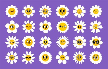 Karikatür papatya çiçekleri. Çiçekli retro yüz, gülümse mutlu papatya çayı karakterleri. Çiçek yetiştiren sevimli çocuklar. Modaya uygun beyaz yaprak, bahar turuncu yüzler. Vektör ayarlandı. Farklı çiçek açan bitkiler.