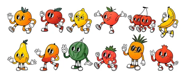 Kreskówkowy Owoc Maskotki Retro Postać Owoców Nogami Rękami Ładny Wyraz — Wektor stockowy