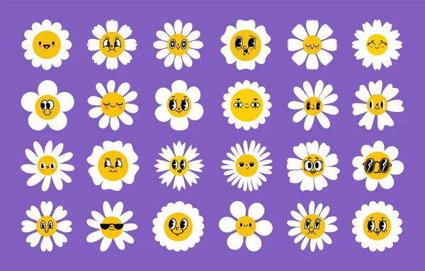 Cartoon Daisy Flowers Flower Retro Face Smile Happy Chamomile Characters — Stock Vector