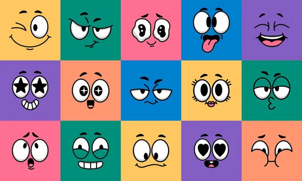 stock vector Cartoon face expression. Emotion comic face character on colors. Funny avatars with eyes and mouth. Caricature facial laugh, kiss, love mood. Vector illustration. Winking, smiling heads