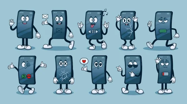 Postać Smartfona Kreskówkowy Telefon Maskotka Emocje Ekranie Komiczny Telefon Komórkowy — Wektor stockowy