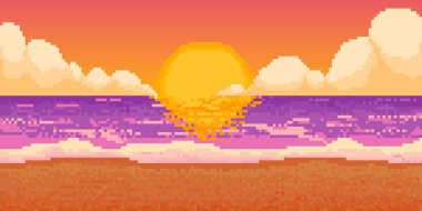 Gün batımı plajı pikseli. Oyun retro deniz manzarası. 8 bitlik arka plan gündoğumu okyanus sahnesi, Hawaii bulutlu gökyüzü güneş, gece doğa manzarası deniz manzarası. Vektör çizimi. Tatil için tropik kıyı şeridi