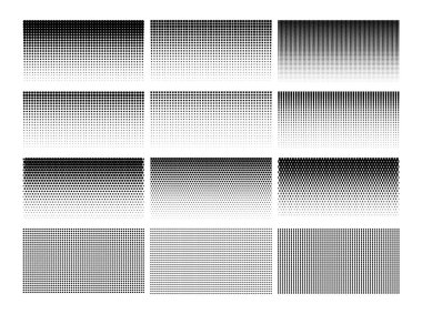 Yarı ton gradyanı. Nokta derecelendirme modeli. Duotone arka plan, siyah beyaz solgunluk dokusu. Grafik retro etkisi, soyut geometrik ızgara. Pop sanat tonu baskısı. Vektör ayarlandı. Tek renkli tasarım