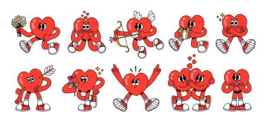 Retro maskot kalbi. Klasik romantik sevgililer günü çıkartması, elleri ve bacağı olan harika kalpler. Sevimli 30 'lar neşeli melek aşk tanrısı ve mutlu çifti sever. Vektör ayarlandı. Aşık karakterler.