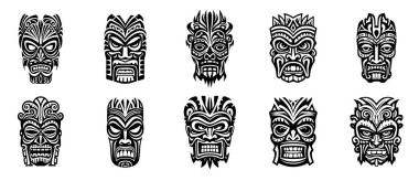 Tiki maskeleri. Hawaii totemi tanrısı, kabile polinezi idolü. Aztek ya da Afrikalı siyah etnik korkutucu yüz maskesi. İzole edilmiş siluet dövme vektörü ayarlandı. Tek renkli ayin sembolleri izole edilmiş koleksiyon