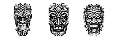 Tiki idolleri. Kabile Polinezya maskesi, Hawaii ahşap totemi. Aztek tarzı retro dövme, Afrika voodoo korkunç tanrı tasarımı. Kabile-tiki egzotik yüzü. Vektör ayarlandı. Mitolojik semboller, Afrika dini