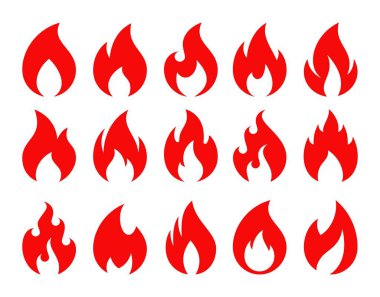 İkonları ateşle. Sıcak alevler, kamp ateşi ve enerji kırmızı sembolleri. Harika, heyecanlı ya da havalı ateş emojisi, şenlik ateşi. Ateş topu logosu izole vektör seti. Yanıcı elementler canlandırması