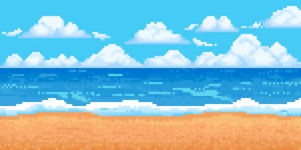 ピクセル海の風景 砂が付いている8ビット日光のビーチ ゲームサマー オーシャンパノラマ 地平線の背景を持つ曇った青空 ピクセルズ島のシーン ベクトルイラスト 美しいパラダイス — ストックベクタ
