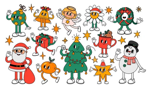 Weihnachten Retro Element Cartoon Groovy 30S Niedlichen Charakteren Feiertagssymbole Neujahrsaufkleber — Stockvektor