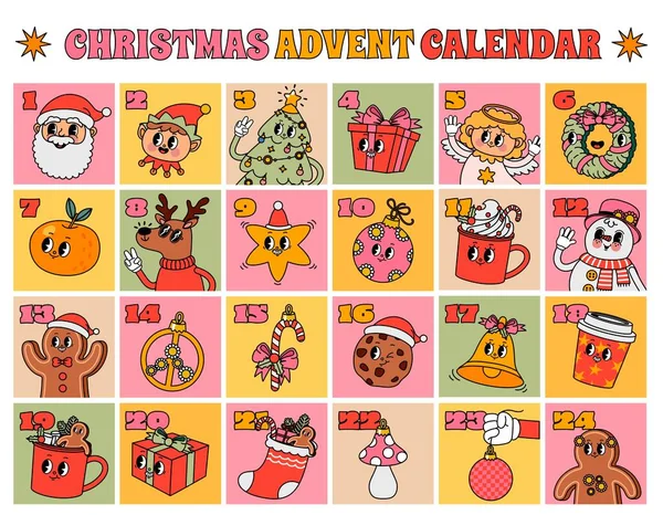 Christmas Advent Calendar Groovy Countdown Numbers Frame Xmas Groovy Characters — Stock Vector