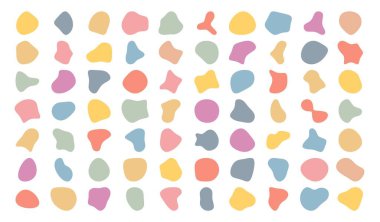 Biçimlendirme şekilleri. Organik leke, düzensiz soyut sıvı renk siluetleri. Rastgele sıvı kabarcık, pürüzsüz leke, moda poster için çakıl taşı. Vektör ayarlandı. Renkli eşsiz izole lekeler.