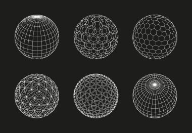 Küre şebekesi. Üç boyutlu kablo küreleri, çizgi halinde dünya ana hatları. Çokgenli dijital top geometrik desenler teknoloji soyut minimalist kavram. Vektör izole edildi. Temel yapı modelleri